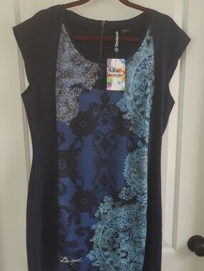 Desigual Navy Blue Patterned Cap-Sleeve Dress